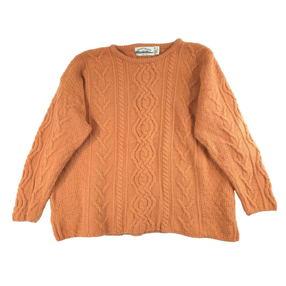 Aran Crafts Ireland 100% Merino Wool Cable Knit Fisherman Sweater XXL Orange